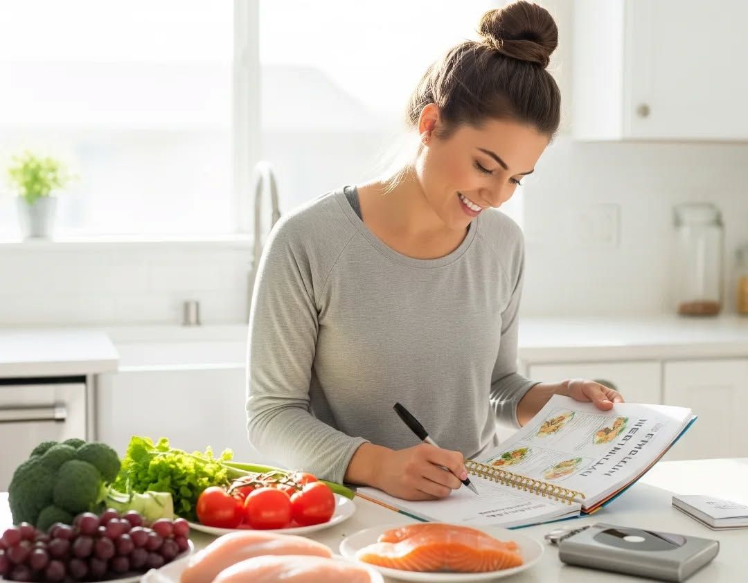 Nutrition consultant reviewing meal planning notes with fresh produce samples
